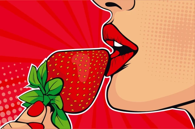 Tapeta na ścianę z komiksowym motywem pop-art przedstawiającym usta i truskawkę na czerwonym tle