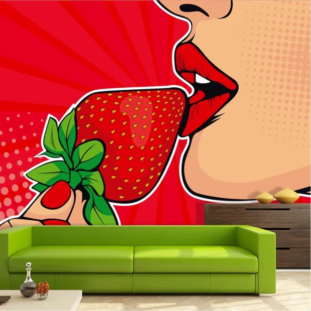 Fototapeta na ścianę z komiksowym motywem pop-art przedstawiającym usta i truskawkę w pokoju młodzieżowym