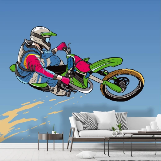 Fototapeta na ścianę do pokoju dziecka z nadrukiem motocyklisty wykonującego skok na niebieskim tle