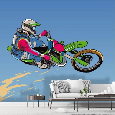 Tapeta na ścianę Skoki motocross 0383 - Aranżacja w nowoczesnym salonie. Ściany w jasnym kolorze, minimalistyczne meble