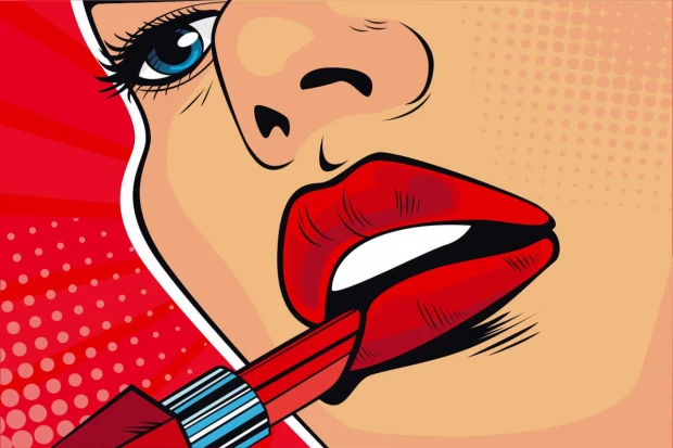 Tapeta na ścianę w stylu pop-art Usta, szminka 0392 - Wzór graficzny. Grafika przedstawia usta z intensywną czerwienią