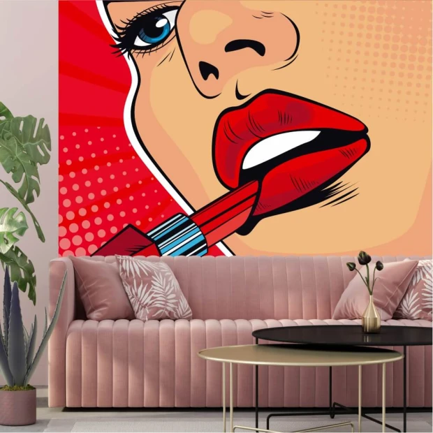 Tapeta na ścianę w stylu pop-art Usta, szminka 0392 - Aranżacja w salonie. Ściana w czerwonym kolorze z grafiką kobiecej