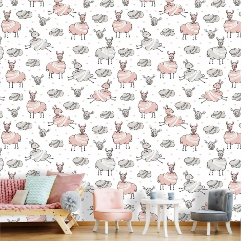 Tapeta dla dziecka Lamy, chmury 0454 - Aranżacja w pokoju dziecięcym. Ściany w jasnych kolorach, meble w pastelowych