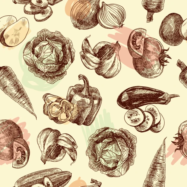 Tapeta do kuchni Warzywa, ilustracja 0452 - Wzór graficzny. Rysunki warzyw na jasnym tle, w tym kapusta, cebula, pomidory