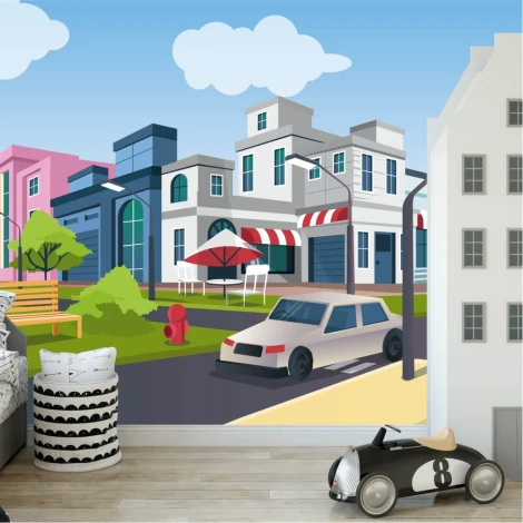 Tapeta do pokoju chłopca Skrzyżowanie ulic, budynki, auta 0417 - Aranżacja w pokoju dziecięcym. Ściany w jasnych kolorach