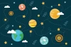 Tapeta do pokoju dziecka Kosmos, planety 0433 - Wzór graficzny. Kule przedstawiające planety, chmury i gwiazdy na ciemnym