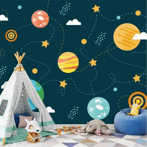 Tapeta do pokoju dziecka Kosmos, planety 0433 - Aranżacja w pokoju dziecięcym. Ściany w ciemnym kolorze z elementami