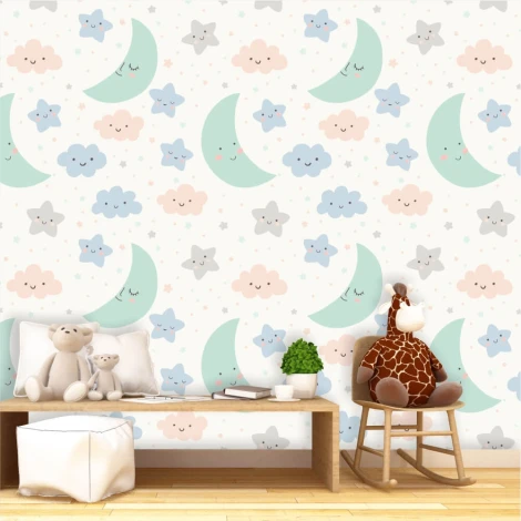Tapeta do pokoju dziecka Księżyc, gwiazdki, chmurki 0444 - Aranżacja w pokoju dziecięcym. Ściany w jasnych kolorach