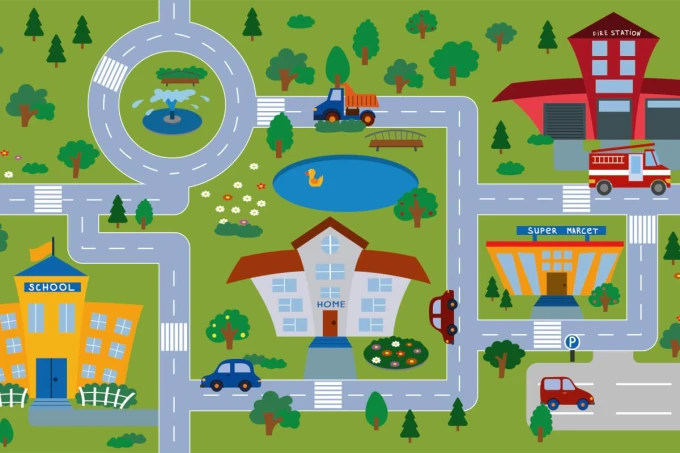 Tapeta do pokoju dziecka Miasto, ulice, budynki 0415 - Wzór graficzny. Grafika przedstawia uliczki, budynki, drzewa