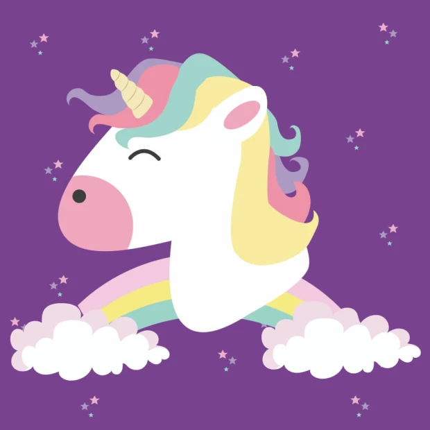 Tapeta do pokoju dziewczęcego Unicorn, tęcza 0442 - Wzór graficzny. Głowa jednorożca z tęczową grzywą na fioletowym tle