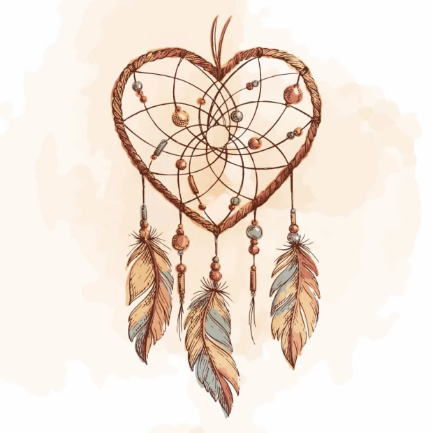 Tapeta do sypialni Dreamcatcher w kształcie serca 0429 - Wzór graficzny. Serce z siatką, pióra i koraliki w ciepłych