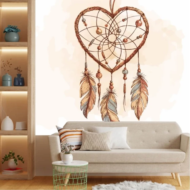 Tapeta do sypialni Dreamcatcher w kształcie serca 0429 - Wzór graficzny. Serce z siatką, pióra i koraliki w pastelowych