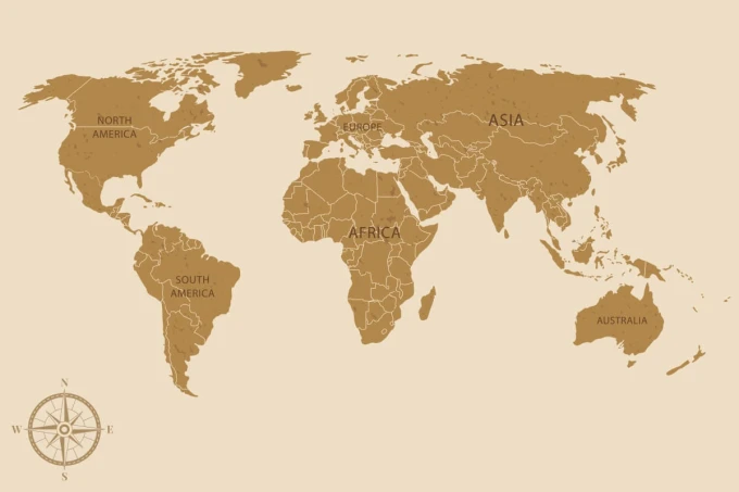Tapeta Mapa świata w stylu retro z podziałem na kontynenty, kraje 0460 - Wzór graficzny. Mapa w odcieniach brązu z nazwami