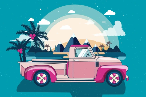 Tapeta młodzieżowa przedstawiająca różowy pickup retro na tle palm i gór w formie grafiki na niebieskim tle
