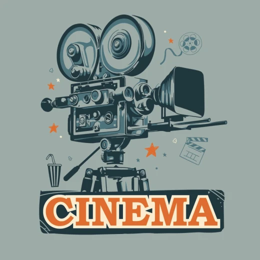 Tapeta z retro ilustracją kamery filmowej i pomarańczowym napisem Cinema na szarym tle, pokazana jako wzór