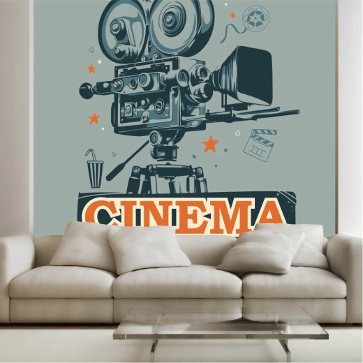 Tapeta na ścianę z retro ilustracją kamery filmowej i pomarańczowym napisem Cinema w pokoju młodzieżowym