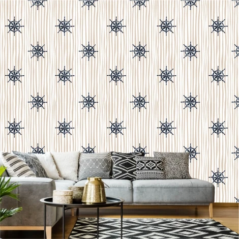 Tapeta na ścianę Drewniane koło sterowe 0435 - Aranżacja w salonie. Ściany w jasnym kolorze, meble w odcieniach szarości