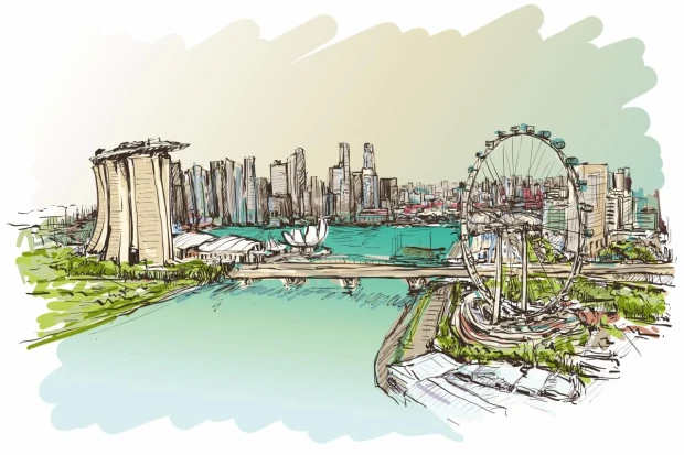 Fototapeta na białym tle z rysunkową panoramą Singapuru, wieżowcami i diabelskim młynem w formie wizualizacji wzoru