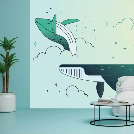 Tapeta na ścianę Wieloryby wyskakujące z morskich fal 0437 - Aranżacja w nowoczesnym salonie. Ściany w odcieniach błękitu