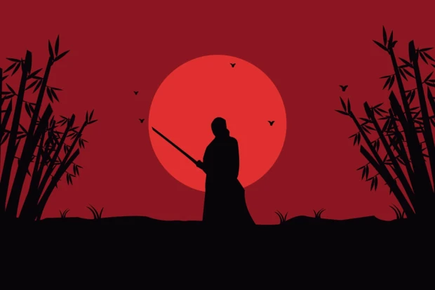 Tapeta Samuraj, wojownik z mieczem na tle wschodzącego słońca, bambusy 0428 - Wzór graficzny. Silhouette wojownika na tle