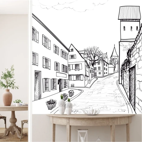 Tapeta Urokliwa uliczka w małym miasteczku, ilustracja 0434 - Aranżacja w salonie. Jasne ściany i drewniane meble