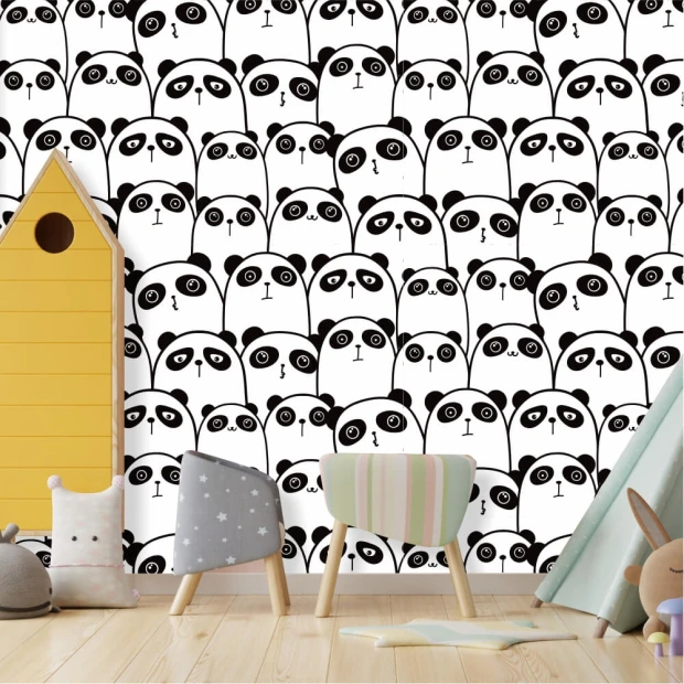 Tapeta do pokoju dziecka z czarno-białym nadrukiem w urocze niedźwiadki panda na ścianie