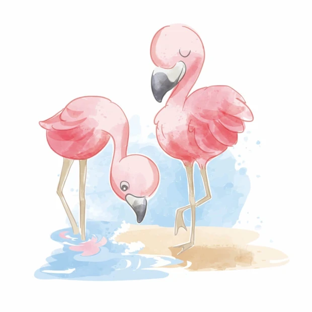 Tapeta do pokoju dziecka Flamingi 0494 - Wzór graficzny. Dwa różowe flamingi stoją w wodzie, jeden z nich z głową w dół