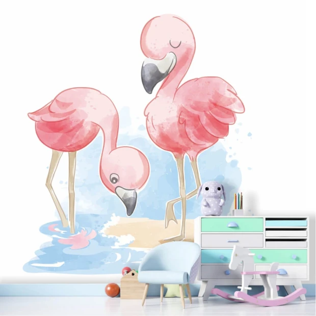 Tapeta do pokoju dziecka Flamingi 0494 - Wzór graficzny. Dwa różowe flamingi na tle wody i piasku