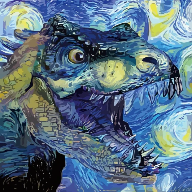 Wizualizacja tapety do pokoju dziecka z nadrukiem głowy tyranozaura na tle gwiaździstego nieba w stylu van Gogha