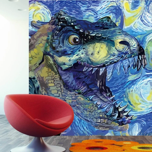 Fototapeta do pokoju dziecka na ścianie z kolorowym nadrukiem głowy tyranozaura w stylu malarskim