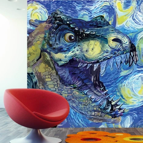 Tapeta do pokoju dziecka Tyrannosaurus Rex 0469 - Aranżacja w nowoczesnym pokoju. Ściany w jasnych kolorach, podłoga