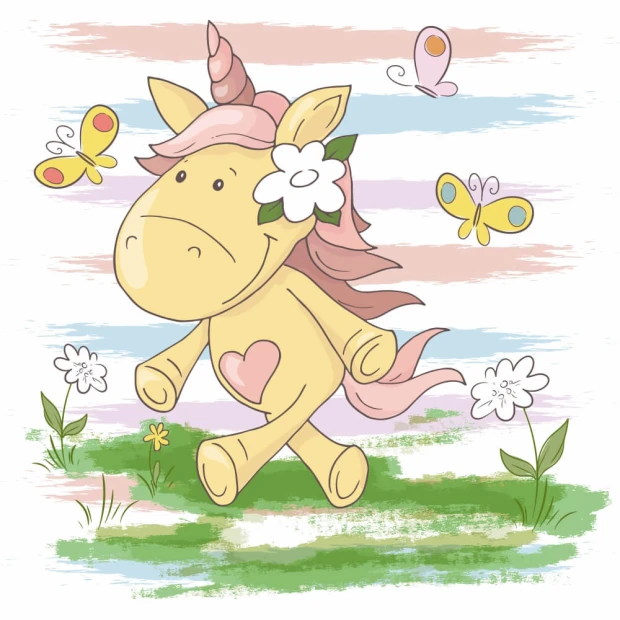 Tapeta do pokoju dziecka Unicorn, kwiaty, motyle 0505 - Wzór graficzny. Rysunek jednorożca z kwiatem, motyle i kwiaty na tle