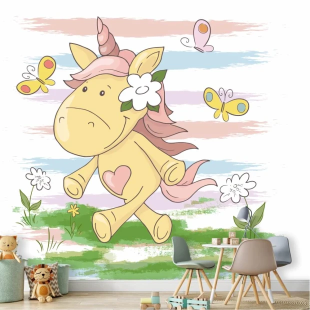 Tapeta do pokoju dziecka Unicorn, kwiaty, motyle 0505 - Wzór graficzny. Rysunek jednorożca z różową grzywą, motyle i kwiaty