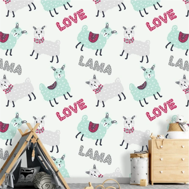 Fototapeta do pokoju dziecka z nadrukiem w urocze, kolorowe lamy oraz napisy Love i Lama na białym tle