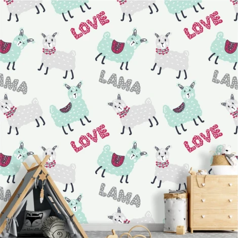 Tapeta do pokoju dziewczynki Love lama 0464 - Wzór graficzny. Rysunki lam i napisów w pastelowych kolorach