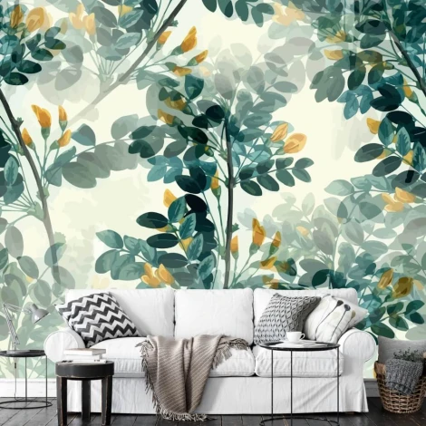 Tapeta Gałęzie, liście 0490 - Aranżacja w salonie. Ściany w jasnych kolorach, meble w odcieniach bieli