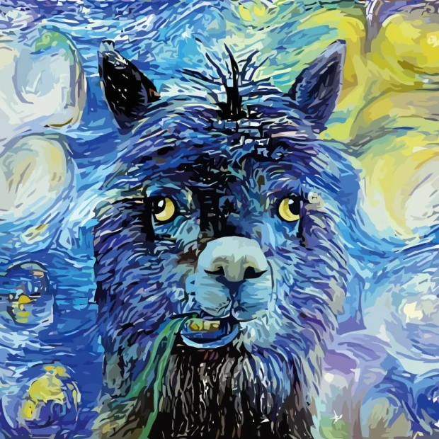 Tapeta na ścianę przedstawiająca wzór z portretem alpaki w stylu malarstwa Vincenta van Gogha na niebieskim tle