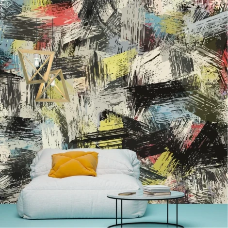 Tapeta na ścianę Kolorowe mazy, abstrakcyjne tło 0484 - Aranżacja w salonie. Ściany w odcieniach szarości z kolorowymi