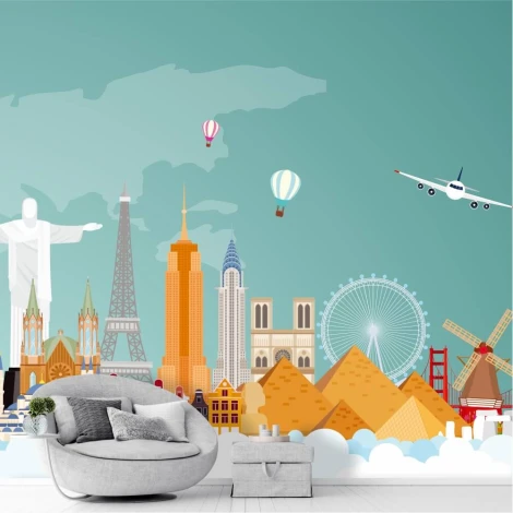 Tapeta na ścianę Najsłynniejsze zabytki świata 0503 - Wzór graficzny. Zawiera sylwetki budowli, chmur i balonów