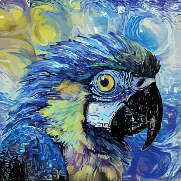 Tapeta na ścianę z motywem niebieskiej papugi w stylu van Gogha przedstawiona jako grafika na białym tle
