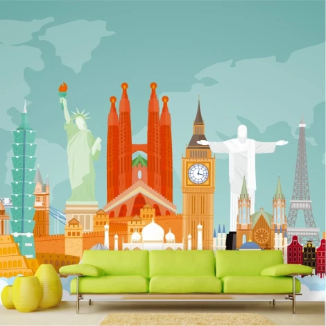 Tapeta na ścianę Podróż dookoła świata 0501 - Wzór graficzny. Elementy przedstawiają znane budowle z różnych krajów