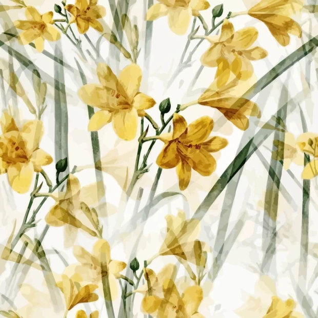 Tapeta na ścianę salonu, sypialni Floral, kwiaty 0476 - Wzór graficzny. Żółte kwiaty na jasnym tle z zielonymi liśćmi
