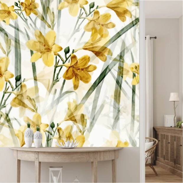 Tapeta na ścianę salonu, sypialni Floral, kwiaty 0476 - Aranżacja w salonie. Ściany w jasnych kolorach, meble w naturalnych