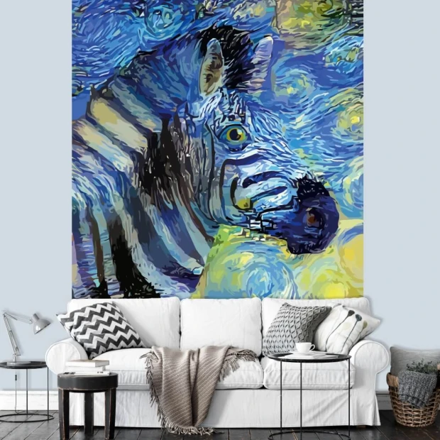 Tapeta na ścianę Zebra w stylu Vincenta van Gogha, portret impresjonistyczny 0470 - Aranżacja w salonie. Ściany w jasnym