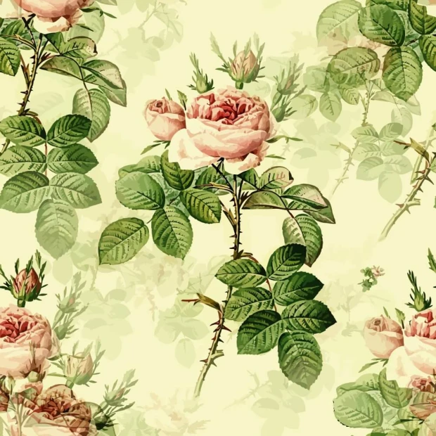 Fototapeta z botanicznym wzorem przedstawiającym różowe róże z zielonymi liśćmi na jasnym tle