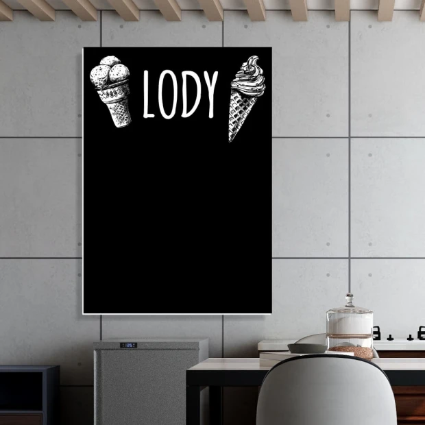 Tablica kredowa do lodziarni z nadrukiem lody 102 - Wzór graficzny. Dwa lody w rożkach po bokach, napis LODY na górze