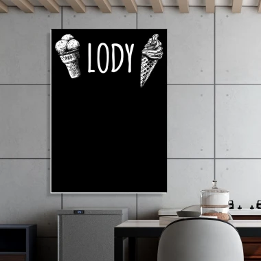 Tablica kredowa do lodziarni z nadrukiem lody 102 - Wzór graficzny. Dwa lody w rożkach po bokach, napis LODY na górze