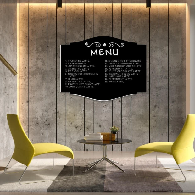 Tablica magnetyczna do pisania kredą Menu 124 - Aranżacja w nowoczesnym salonie. Szare ściany z drewnianymi panelami, żółte