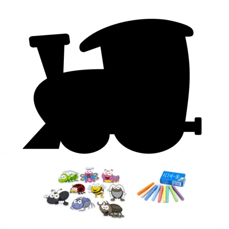 Tablica magnetyczna kredowa dla dzieci Ciuchcia 208 - Wzór graficzny. Widzimy sylwetkę lokomotywy oraz kolorowe magnesy