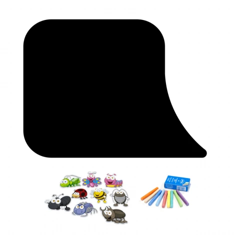 Tablica magnetyczna kredowa dla ucznia Dymek 157 - Wzór graficzny. Czarna tablica w kształcie dymka z kolorowymi magnesami